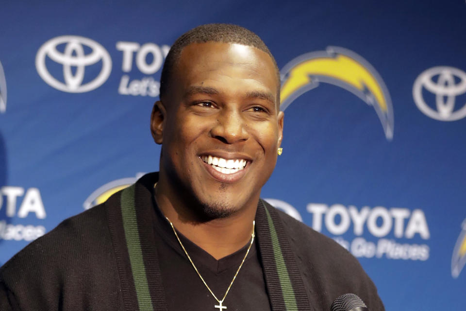 FILE - San Diego Chargers tight end Antonio Gates speaks after an NFL football game against the Kansas City Chiefs Sunday, Jan. 1, 2017, in San Diego. First-time candidates Julius Peppers and Antonio Gates joined nine returning finalists who advanced to the final stage of voting for the Pro Football Hall of Fame’s class of 2024. Peppers and Gates were announced Wednesday, Dec. 27, 2023 as finalists in their first year of eligibility. (AP Photo/Alex Gallardo, File)