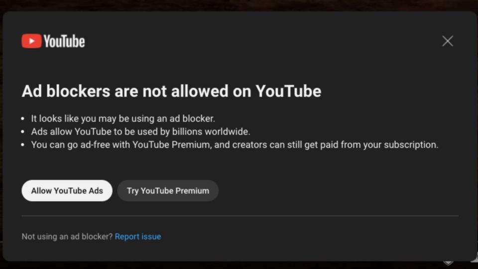 Image of Pop-up from YouTube to disable ad-blockers