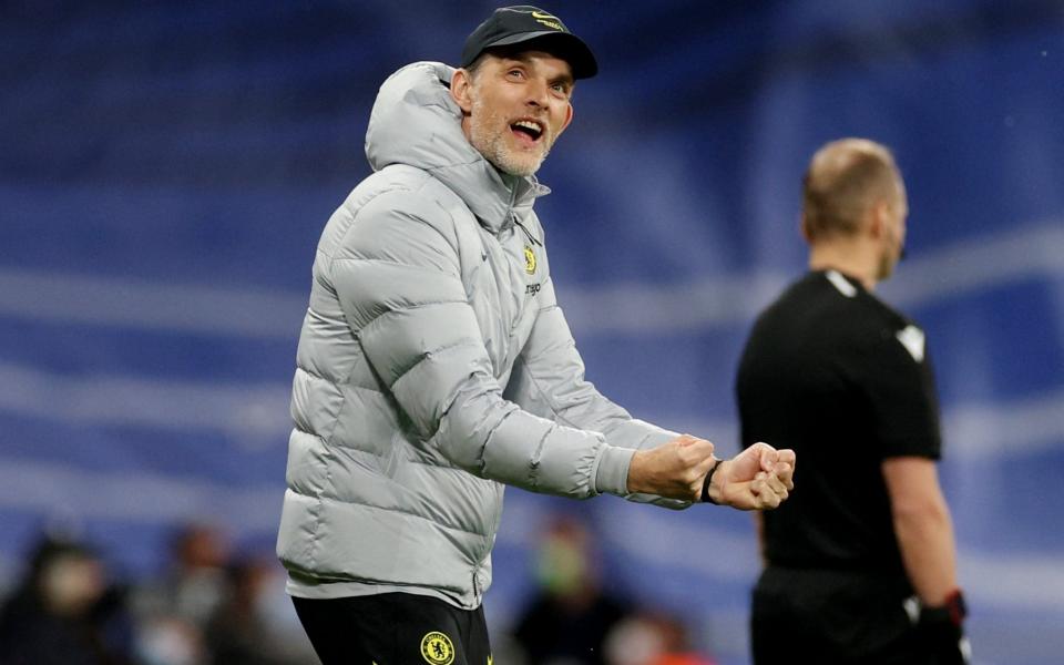 Quarter Final - Second Leg - Real Madrid v Chelsea - Santiago Bernabeu, Madrid, Spain - April 12, 2022 Chelsea manager Thomas Tuchel celebrates their second goal scored by Antonio Rudiger - Action Images via Reuters 