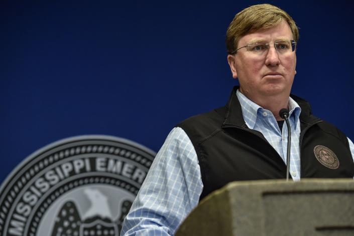 Governor Tate Reeves speaks at a press conference concerning Jackson's ongoing water crisis at the Mississippi Emergency Management Agency (MEMA) facility in Pearl on Sept. 2, 2022.