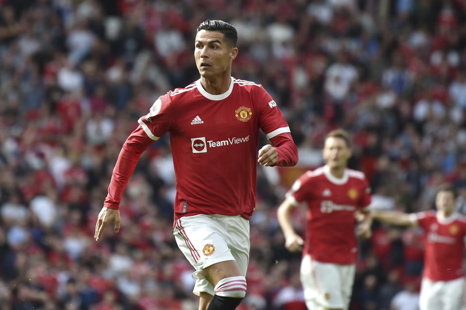 Manchester United's Cristiano Ronaldo during the English Premier League soccer match between Manchester United and Newcastle United at Old Trafford in Manchester, England, Saturday, Sept.11, 2021. (AP Photo/Rui Vieira)