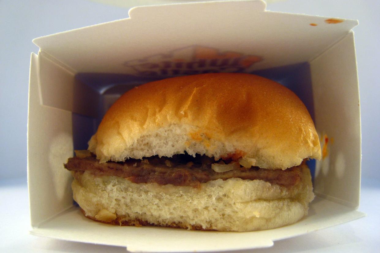 White Castle slider in paper box