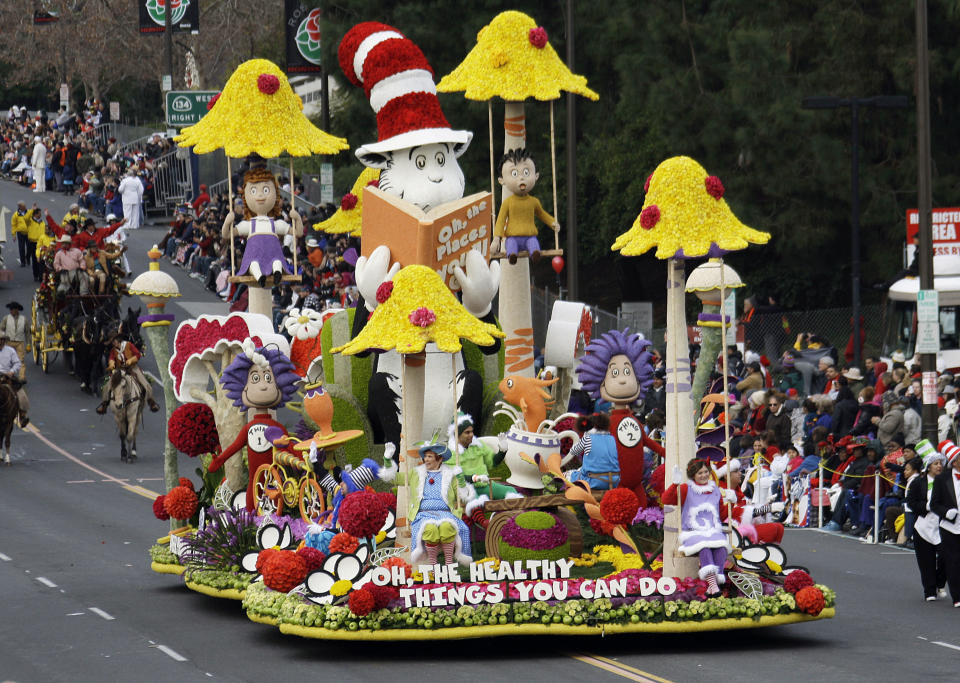 The Kaiser Permanente float "Oh, The Healthy Things You Can Do," winner of the Theme trophy for the best presentation of the parade themeOh, The Places Youll Go, makes it way in the 124th Rose Parade in Pasadena, Calif., Tuesday, Jan. 1, 2013. (AP Photo/Reed Saxon)