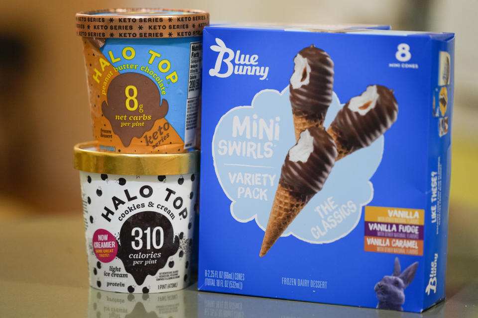 Blue Bunny and Halo Top brand ice cream products are seen in Englewood, N.J., Tuesday, Dec. 6, 2022. The Italian confection company Ferrero Group announced Wednesday that it's acquiring Wells Enterprises, the Iowa-based maker of Blue Bunny and Halo Top ice creams. Wells, founded in 1913, is one of the world's largest family-owned ice cream companies. (AP Photo/Seth Wenig)