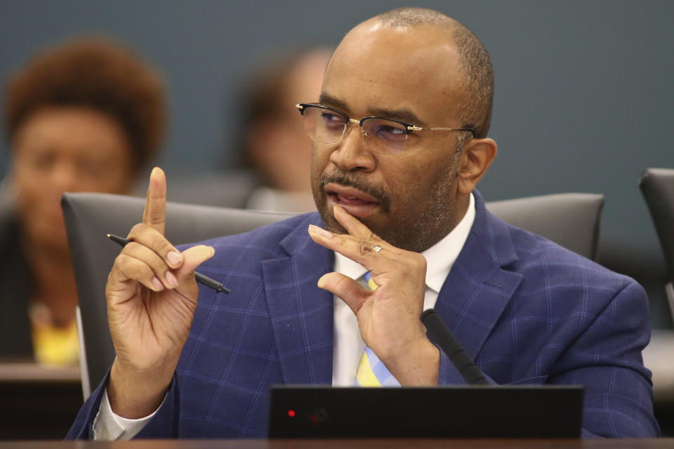 Sen. Bobby Powell, D-West Palm Beach, asks a question during the Committee on Banking and Insurance meeting Monday, Dec. 12, 2022, at the Capitol in Tallahassee, Fla. Florida lawmakers are meeting to consider ways to shore up the state's struggling home insurance market in the year's second special session devoted to the topic. (AP Photo/Phil Sears)