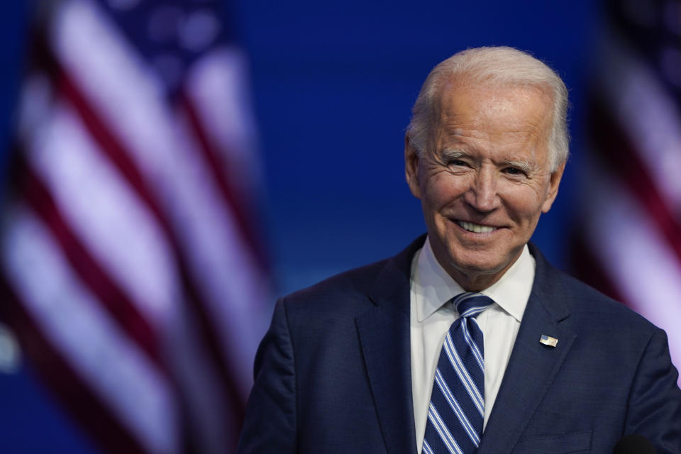 FILE - In this Nov. 10, 2020, file photo President-elect Joe Biden smiles as he speaks at The Queen theater in Wilmington, Del. President-elect Biden turns 78 on Friday, Nov. 20. (AP Photo/Carolyn Kaster, File)