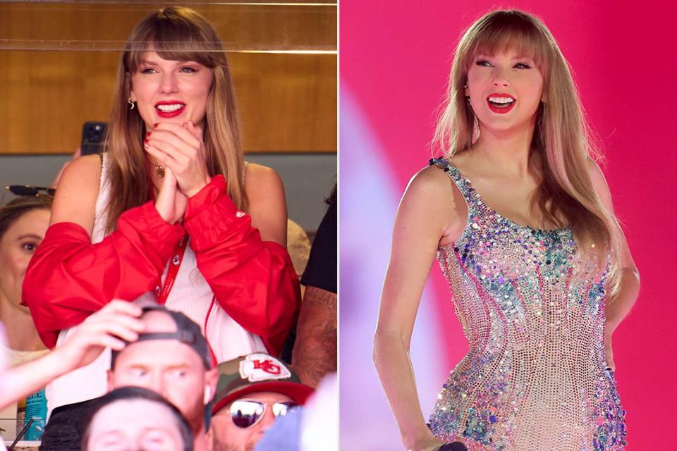 <p> Cooper Neill/Getty Images; John Medina/Getty Images</p> Taylor Swift at a Chiefs game vs. her at the Eras Tour