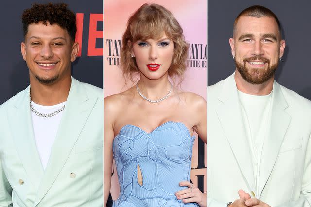 <p>JC Olivera/Getty; John Shearer/Getty Images for TAS; JC Olivera/Getty </p> Patrick Mahomes, Taylor Swift, Travis Kelce