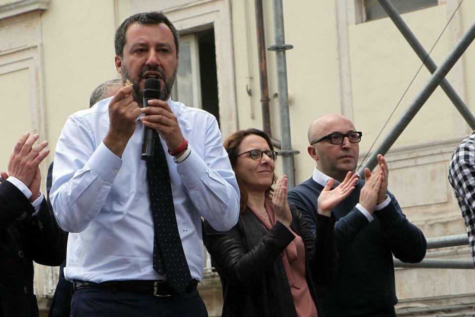 Italian Deputy Premier and Interior Minister Matteo Salvini addresses a rally in Putignano, Southern Italy, Wednesday, May 22, 1019. Some 400 million Europeans from 28 countries head to the polls from Thursday to Sunday to choose their representatives at the European Parliament for the next five years. (Annamaria Loconsole/ANSA via AP)