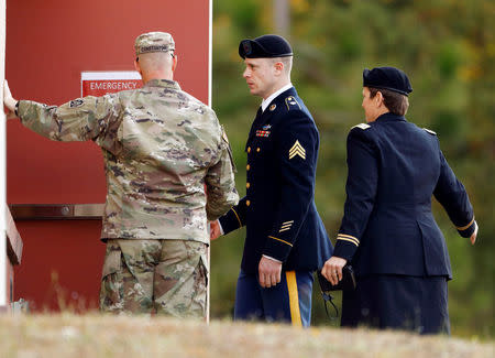 U.S. Army Sergeant Bowe Bergdahl (C) arrives at the courthouse on the eighth day of sentencing proceedings in his court martial at Fort Bragg, North Carolina, U.S., November 3, 2017. REUTERS/Jonathan Drake