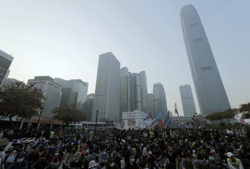 Protesters gather during a rally to show support for Uighurs and their fight for human rights in Hong Kong, Sunday, Dec. 22, 2019. Thousands of demonstrators attended a rally to protest against China's policy about Uighur minority. (AP Photo/Lee Jin-man)