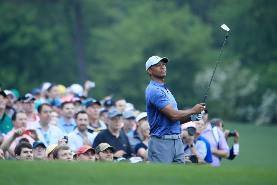 AUGUSTA, GEORGIA - APRIL 08:  Tiger Woods of the United States plays his shot from the 12th tee during a practice round prior to The Masters at Augusta National Golf Club on April 08, 2019 in Augusta, Georgia. (Photo by Andrew Redington/Getty Images)
