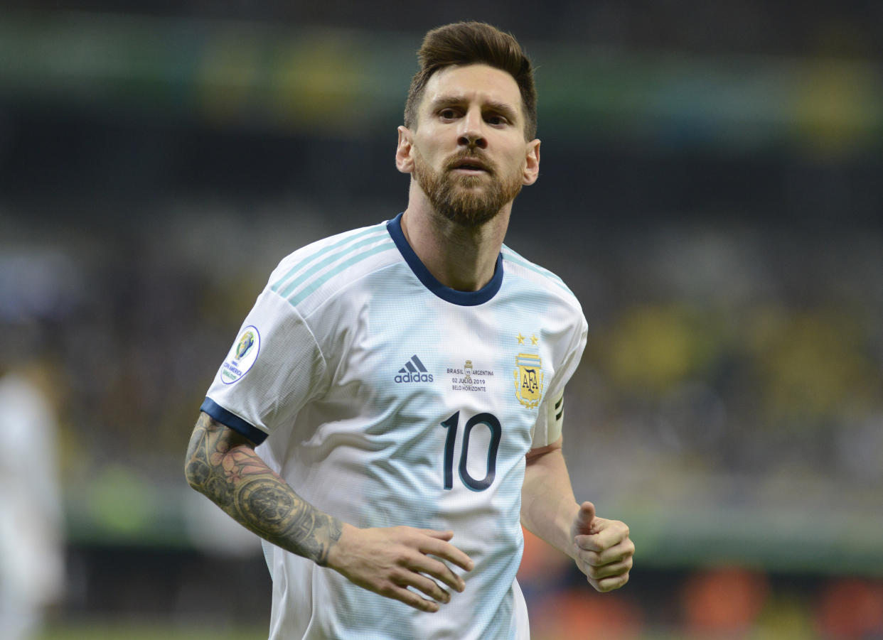 Argentina's Lionel Messi runs on the pitch during a Copa America semifinal soccer match against Brazil at Mineirao stadium in Belo Horizonte, Brazil, Tuesday, July 2, 2019. (AP Photo/Eugenio Savio)