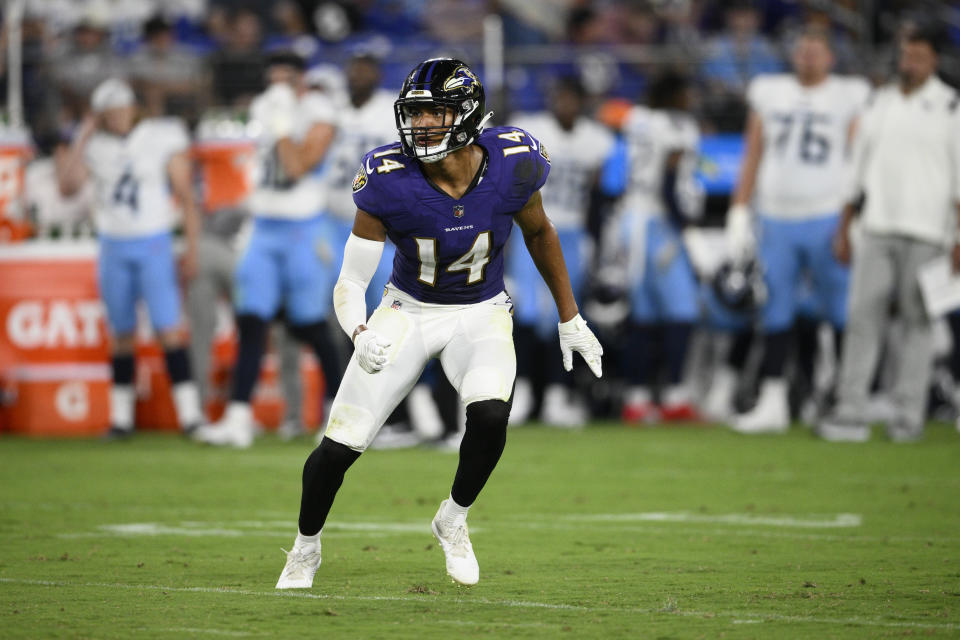 Baltimore Ravens safety Kyle Hamilton falls back while defending against the Tennessee Titans during the first half of a preseason NFL football game, Thursday, Aug. 11, 2022, in Baltimore. (AP Photo/Nick Wass)