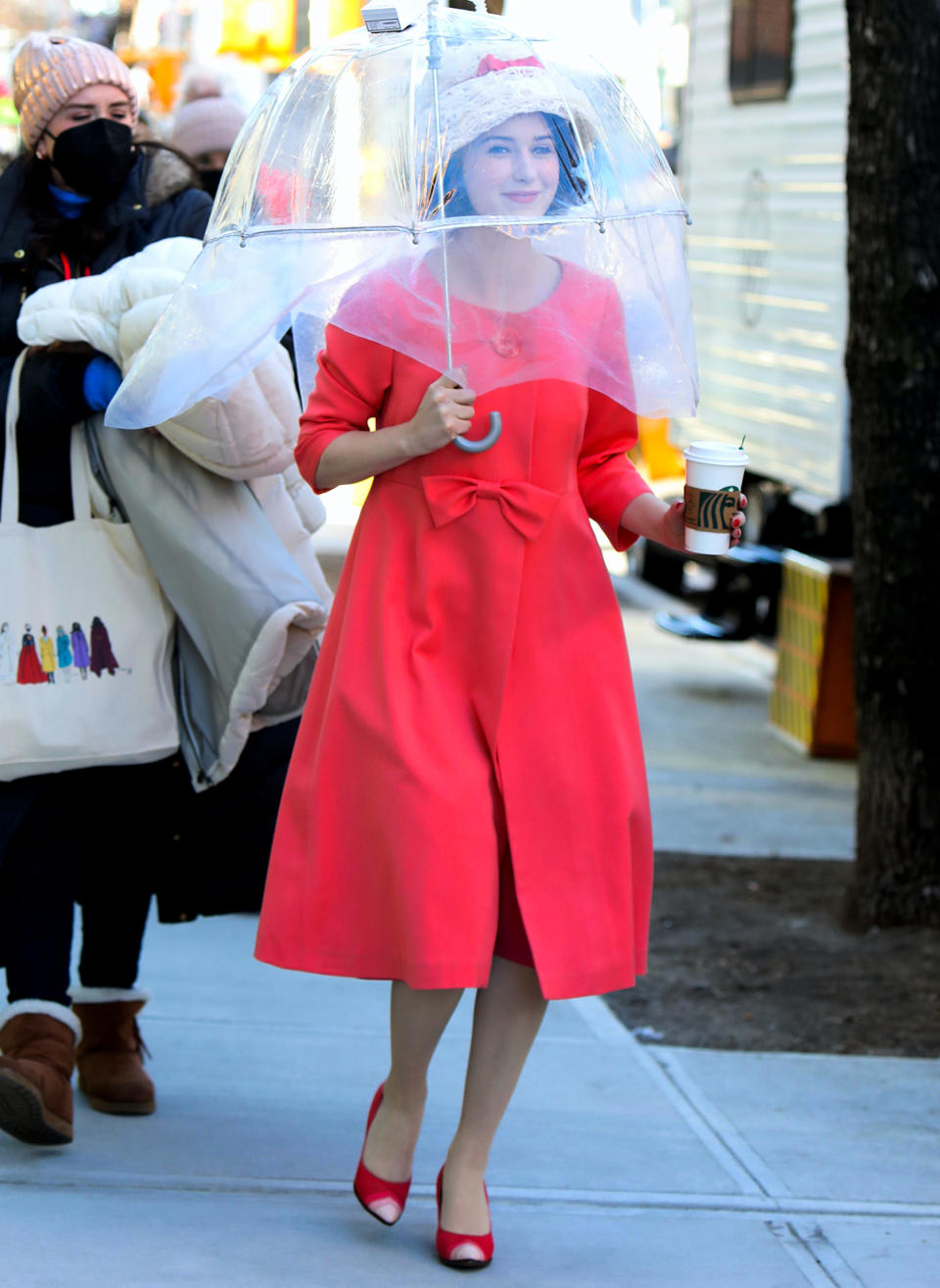 <p>Rachel Brosnahan is dressed in full character on the set of <em>The Marvelous Mrs. Maisel</em> on Tuesday in downtown N.Y.C.</p>