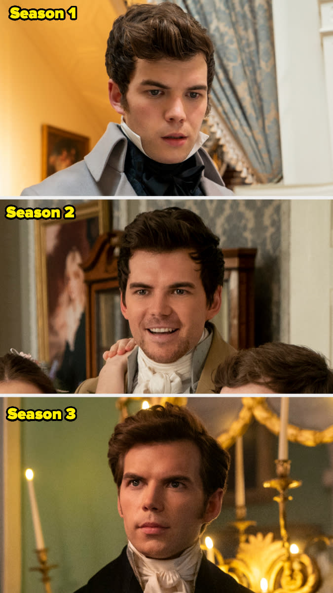 Luke Newton as Colin Bridgerton in three different scenes from Seasons 1, 2, and 3 of the TV series "Bridgerton"