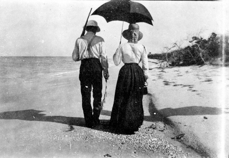 Campers at Anna Maria in the 1910s strolling the beach. The man on the left is holding a hunting gun, while the woman on the right holds her sunshade. This image later became the foundation of the Anna Maria Island Historical Society’s logo.