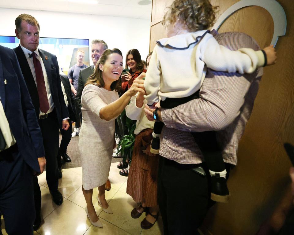 Hungarian President Katalin Novák greets attendees after speaking at Brigham Young University in Provo on Tuesday, Sept. 26, 2023.