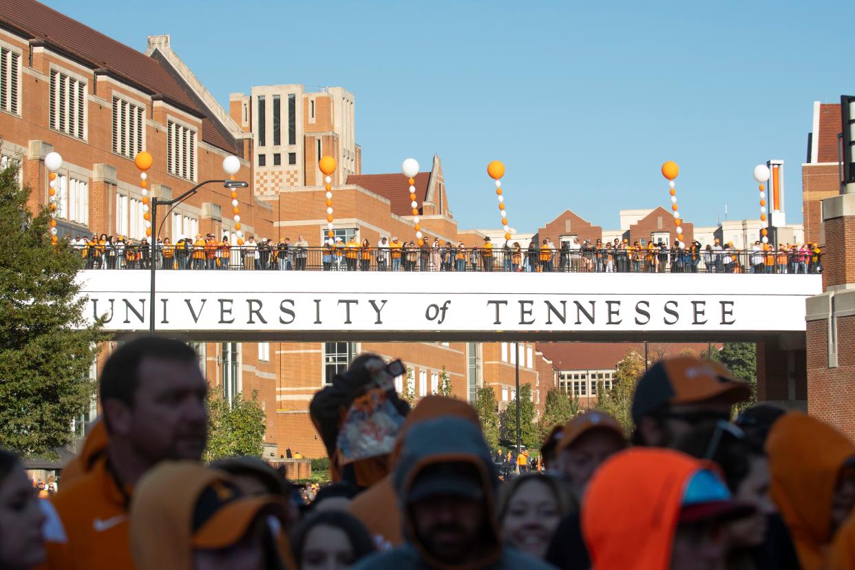 The University of Tennessee bridge during the Vol Walk before a football game between Tennessee and Connecticut at Neyland Stadium in Knoxville, Tenn., on Saturday, Nov. 4, 2023.