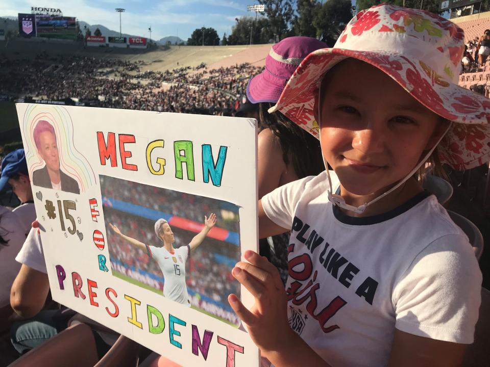 Amelie Shears watching a USWNT exhibition game at the Rose Bowl in Pasadena, Calif., in 2019 after the women's team won the World Cup.