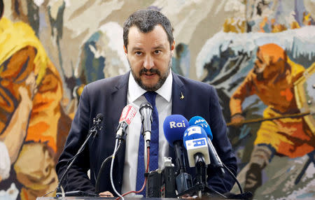 FILE PHOTO: Italy's Interior Minister Matteo Salvini talks at a news conference during his official visit in Tunis, Tunisia, September 27, 2018. REUTERS/Zoubeir Souissi/File Photo