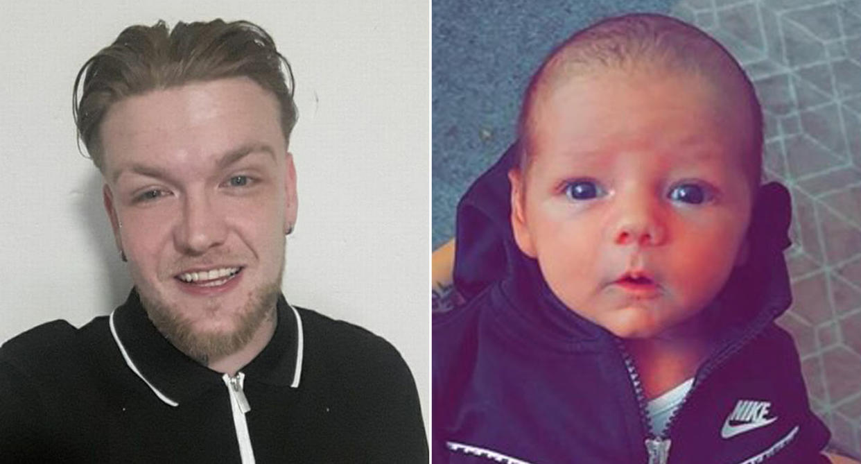 Oliver Mailey (left) is accused of shaking his baby son Abel-Jax Mailey (right) to death. (Reach)