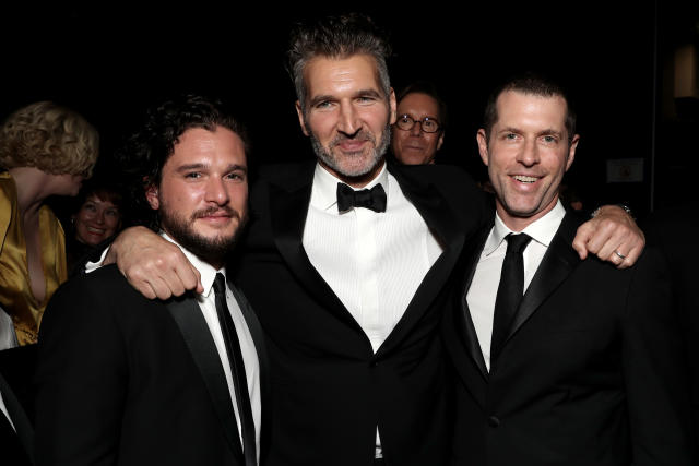 LOS ANGELES, CA - SEPTEMBER 17:  70th ANNUAL PRIMETIME EMMY AWARDS -- Pictured: Kit Harington, David Benioff and D. B. Weiss attend the 70th Annual Primetime Emmy Awards held at the Microsoft Theater on September 17, 2018.  NUP_184222  (Photo by Todd Williamson/NBC/NBCU Photo Bank via Getty Images)