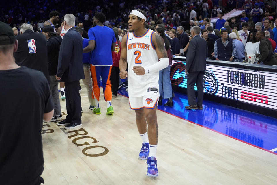 New York Knicks' Miles McBride reacts after winning Game 6 in an NBA basketball first-round playoff series against the Philadelphia 76ers, Thursday, May 2, 2024, in Philadelphia. (AP Photo/Matt Slocum)