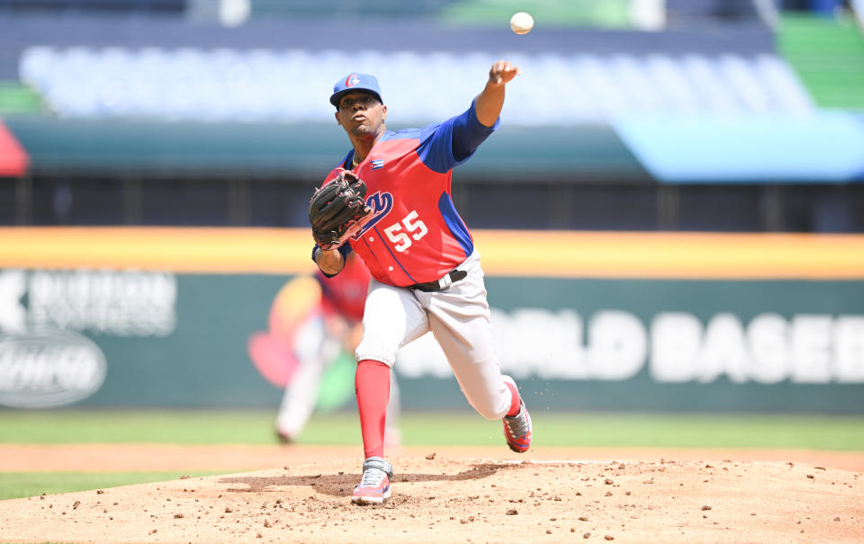 TAICHUNG, TAIWAN - MARCH 06: Roenis Elías #55 of Team Cuba pitchs at the bottom of the 1st inning during the World Baseball Classic exhibition game between Cuba and CTBC Brothers at Taichung Intercontinental Baseball Stadium on March 06, 2023 in Taichung, Taiwan. (Photo by Gene Wang/Getty Images)