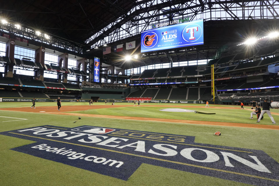 The Baltimore Orioles baseball club takes batting practice at Globe Life Field in Arlington, Texas, Monday, Oct. 9, 2023. The Orioles are scheduled to the play the Texas Rangers in MLB's Game 3 of the ALDS on Wednesday night. (AP Photo/Tony Gutierrez)