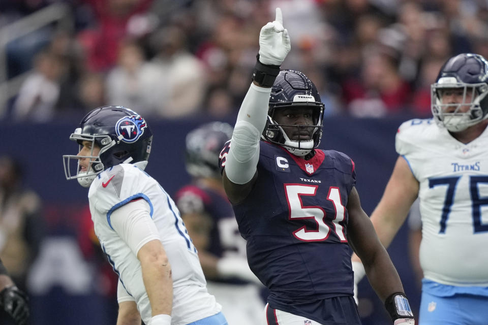 Houston Texans defensive end Will Anderson Jr. (51) celebrates a sack during the half of an NFL football game against the Tennessee Titans, Sunday, Dec. 31, 2023, in Houston. (AP Photo/David J. Phillip)