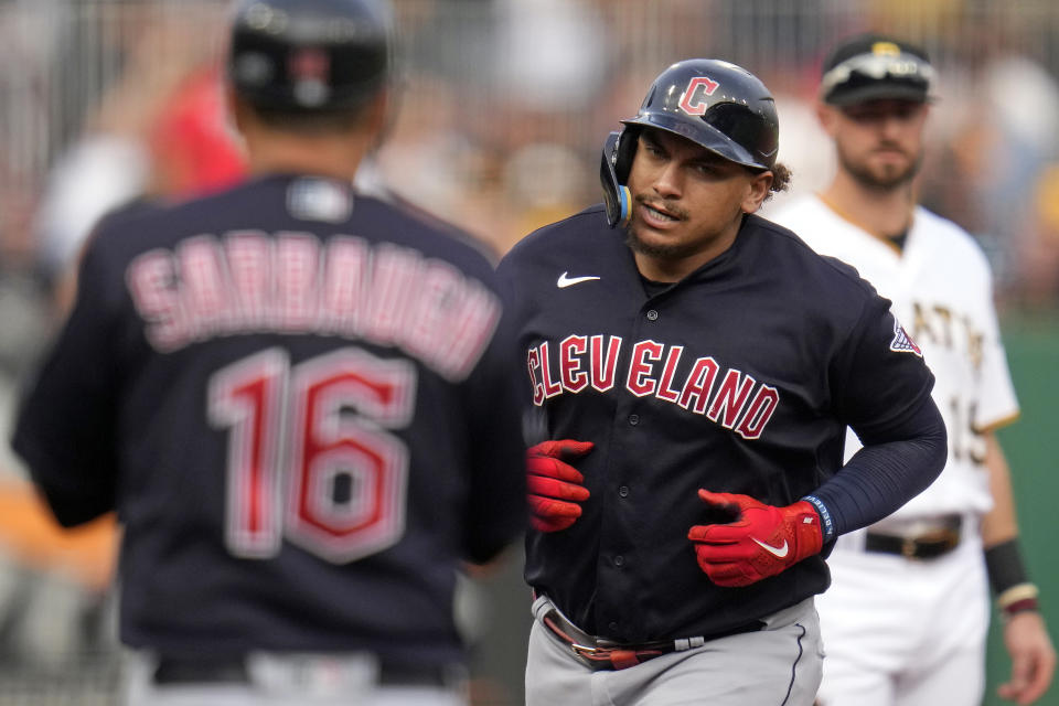 Cleveland Guardians' Josh Naylor nears third after hitting a three-run home run off Pittsburgh Pirates starting pitcher Mitch Keller during the first inning of a baseball game in Pittsburgh, Tuesday, July 18, 2023. (AP Photo/Gene J. Puskar)