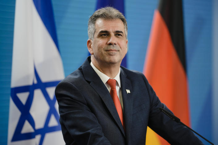 Israeli Foreign Minister Eli Cohen attends a news conference after a meeting with German Foreign Minister Annalena Baerbock at the foreign ministry in Berlin, Germany, Tuesday, Feb. 28, 2023. (AP Photo/Markus Schreiber)