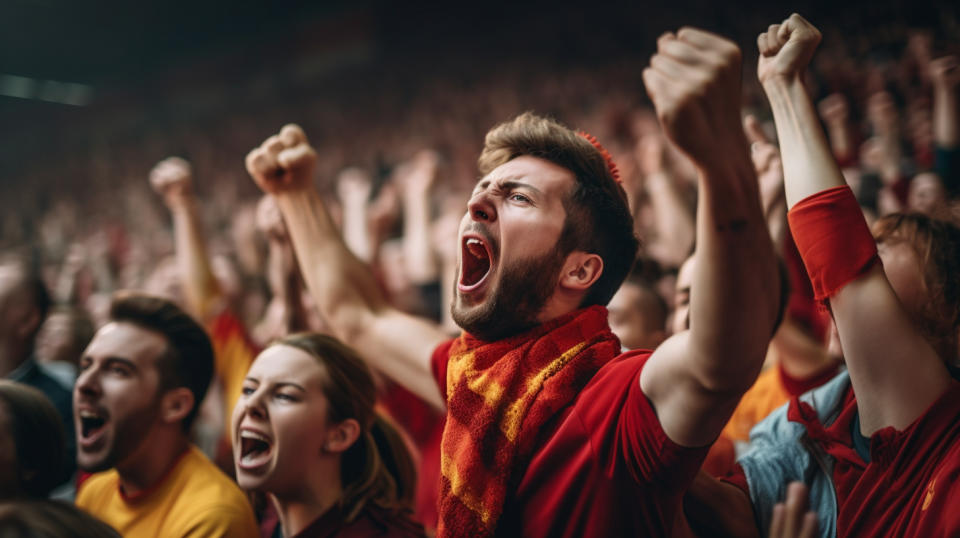 A crowd of sports fans watching a live match, dressed in the colors of the owned sports properties.