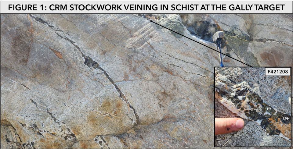 <strong>Figure 1: </strong>Photographs of high-grade mineralization styles at the Gally CRD Target - 850m south of the 2023 drilling area.