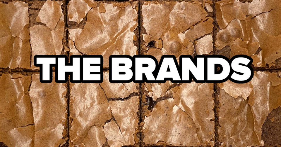Text "THE BRANDS" on a background resembling cracked brownies