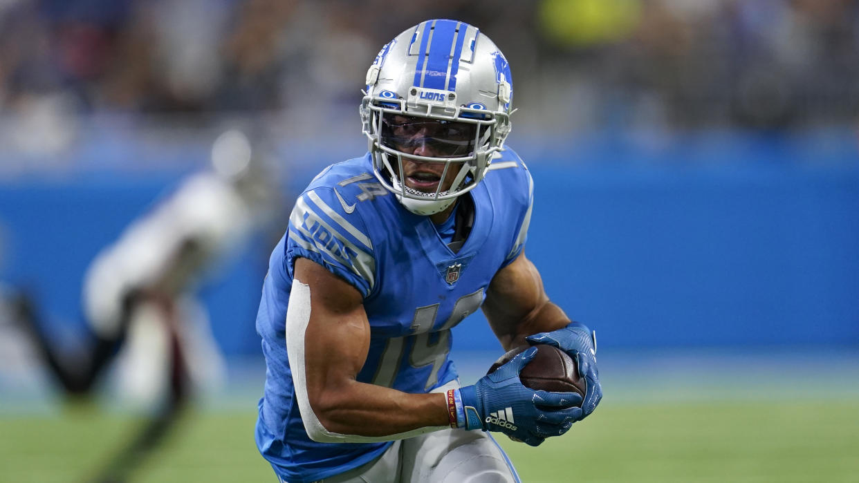 There should be no hesitation to have Detroit Lions receiver Amon-Ra St. Brown in Week 1 fantasy lineups. (AP Photo/Paul Sancya)