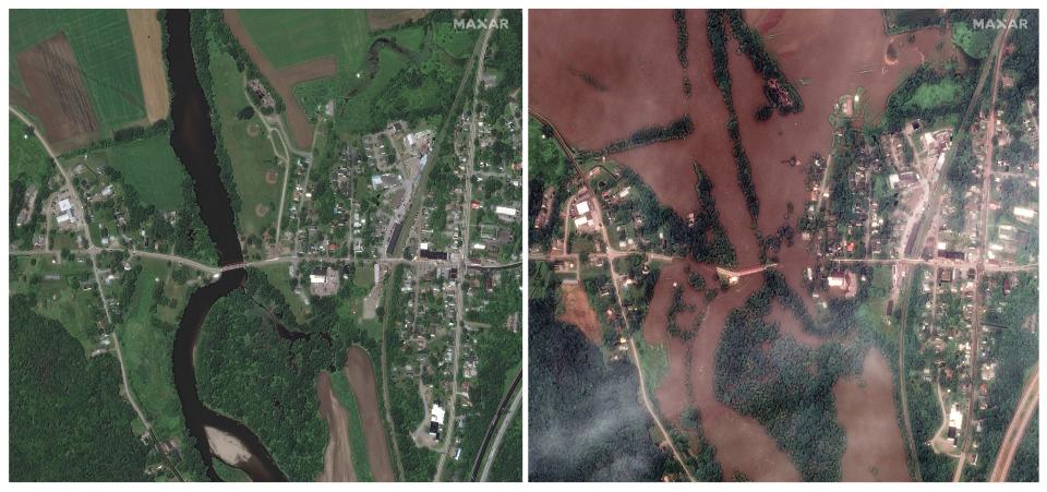 An aerial view of the Winooski River in Richmond, Vermont on June 27, 2019, left, and at right, an overview of the same area during flooding on Tuesday, July 11, 2023 (Satellite image ©2023 Maxar Technologies)