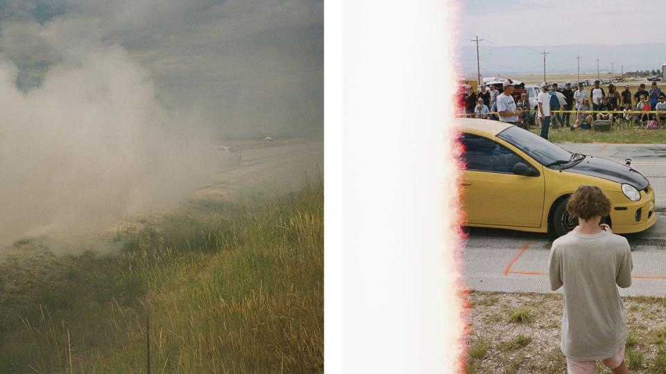 a collage of a car on fire with people around it