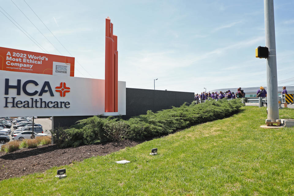 NASHVILLE, TENNESSEE - APRIL 19: Hospital workers from California, Florida, Texas, Kansas and other states rallied in front of hospital giant HCA Healthcare headquarters, to demand the company invests in safe staffing levels and patient care on April 19, 2023 in Nashville, Tennessee. (Photo by Danielle Del Valle/Getty Images for SEIU)