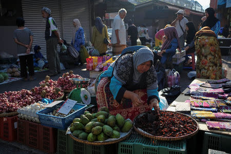 A shopkeeper tends to her stall at Pasar Siti Khadijah at Kota Bharu in Kelantan, Malaysia April 12, 2018. REUTERS/Stringer