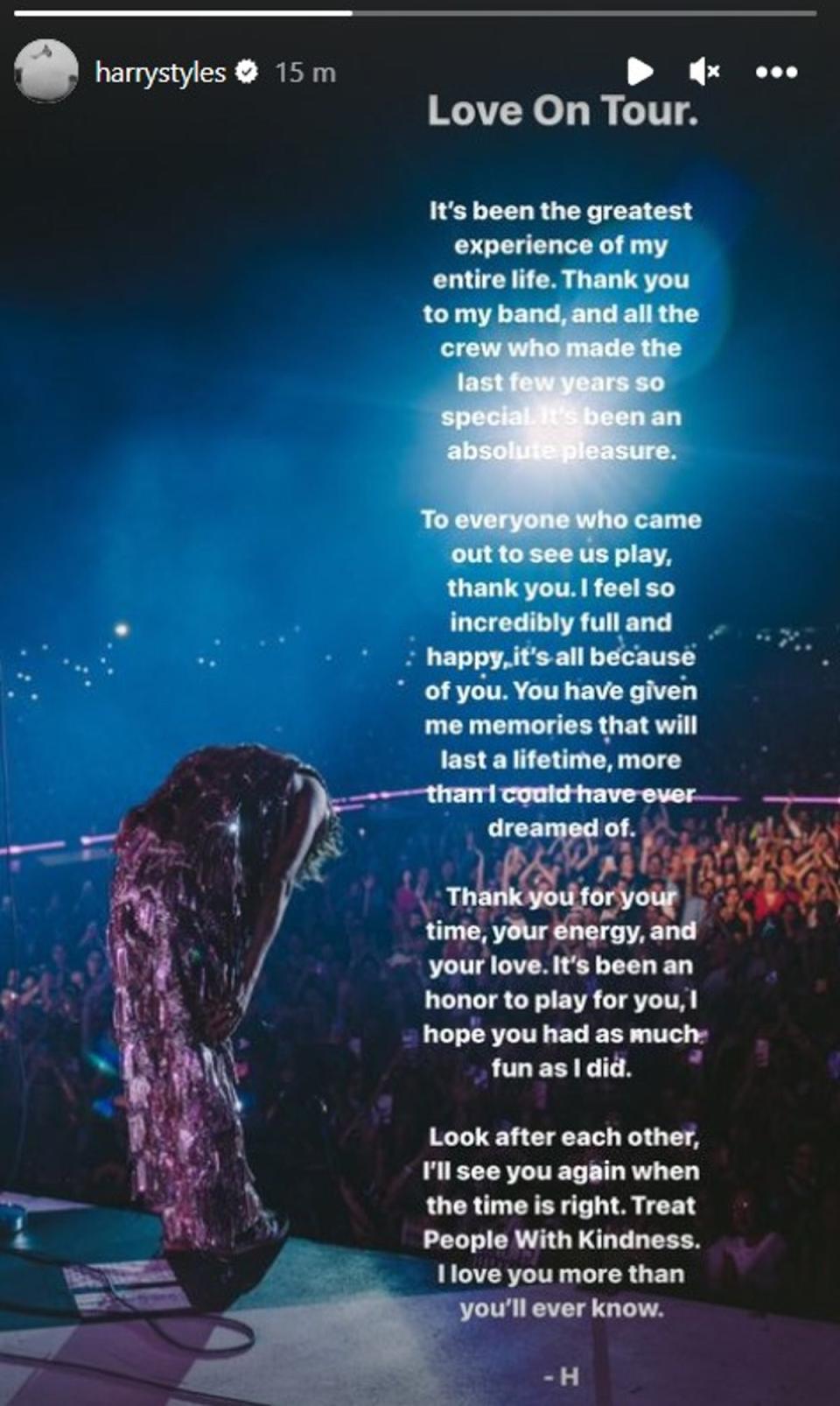 Styles took to his IG story on Monday to share his gratitude (Instagram/Harry Styles)