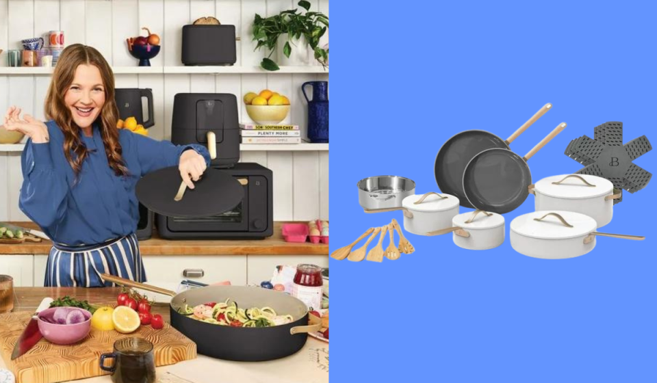 drew barrymore lifting the lid to a black pan / the cookware set in white