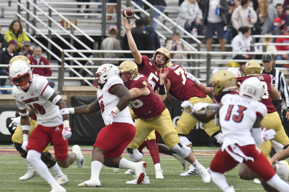 Boston College quarterback Phil Jurkovec throws a pass during the first half of an NCAA college football game against Louisville, Saturday, Oct. 1, 2022, in Boston. (AP Photo/Mark Stockwell)