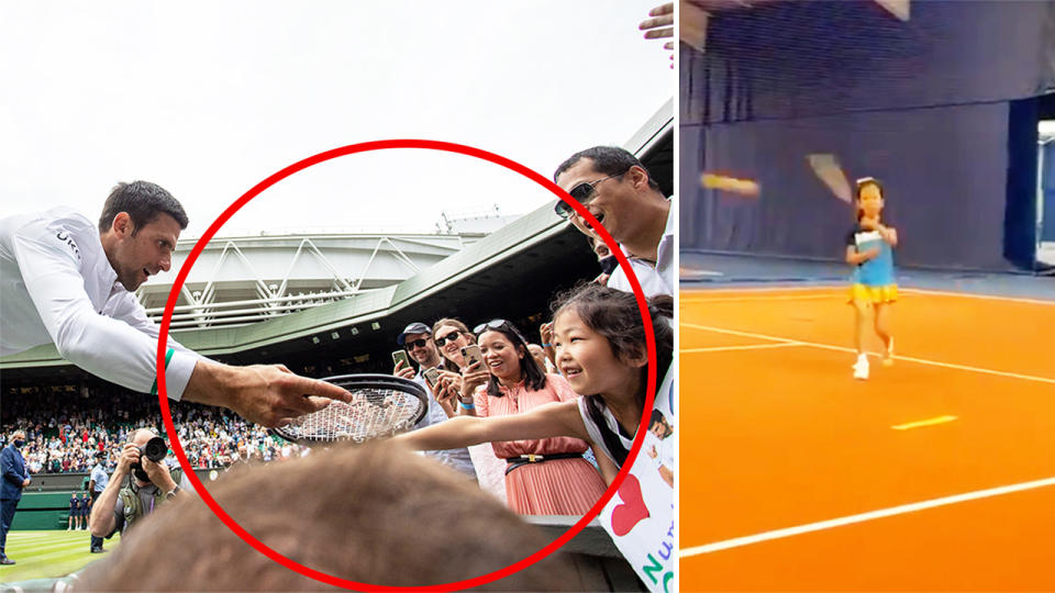 Novak Djokovic (pictured left) handing seven-year-old Ivanka Li his winning racquet at Wimbledon and (pictured right) Li training at the courts.