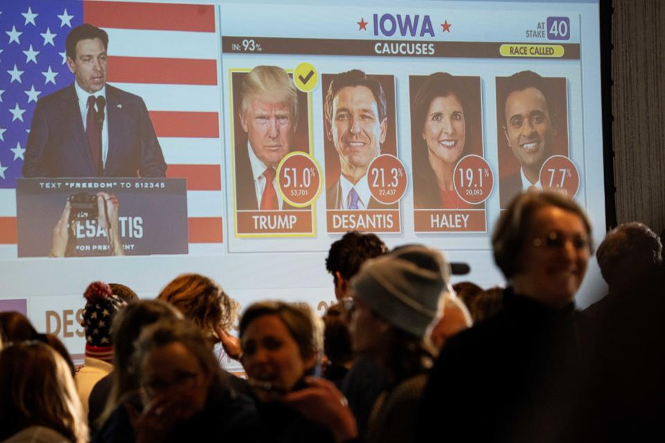 Haley supporters watch on as results from the Iowa Caucus roll in Monday, Jan. 15, 2024, at the West Des Moines Marriott.