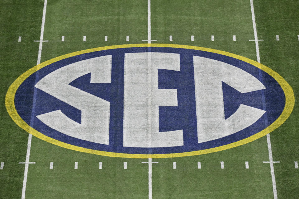 ATLANTA, GEORGIA - DECEMBER 02: A view of the SEC logo at midfield before the SEC Championship football game between the Georgia Bulldogs and the Alabama Crimson Tide at Mercedes-Benz Stadium on December 02, 2023 in Atlanta, Georgia. (Photo by Alika Jenner/Getty Images)