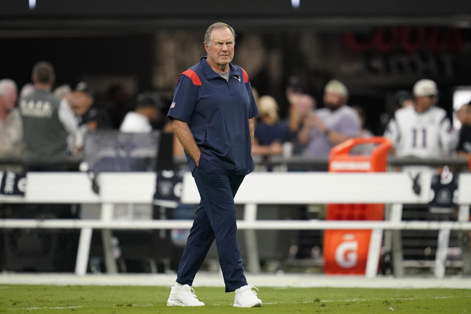 New England Patriots head coach Bill Belichick watches his team before an NFL preseason football game against the Las Vegas Raiders, Friday, Aug. 26, 2022, in Las Vegas. (AP Photo/Ashley Landis)