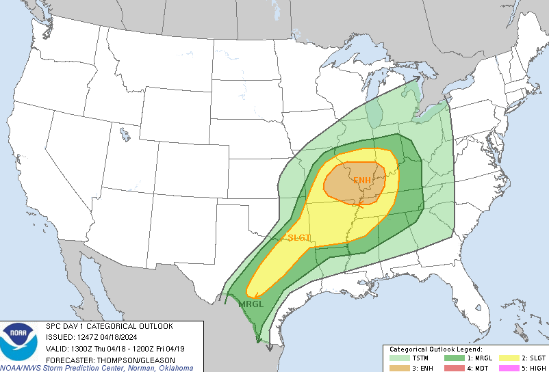 A severe weather forecast from the National Weather Service shows the far-reaching impacts of a storm system making its way over the eastern United States on April 18, 2024, bringing with it the threat of damaging hail, torrential downpours and possible tornadoes.