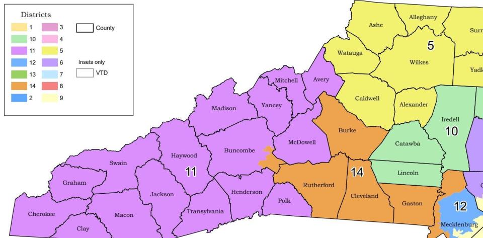 One of two maps proposed for the new 11th Congressional District by leaders of the Republican-majority North Carolina General Assembly. Map "CBP-5" covers 16 of the state's westernmost counties, except for the southeast corner of Buncombe, putting the towns of Black Mountain and Montreat into the 14th District.